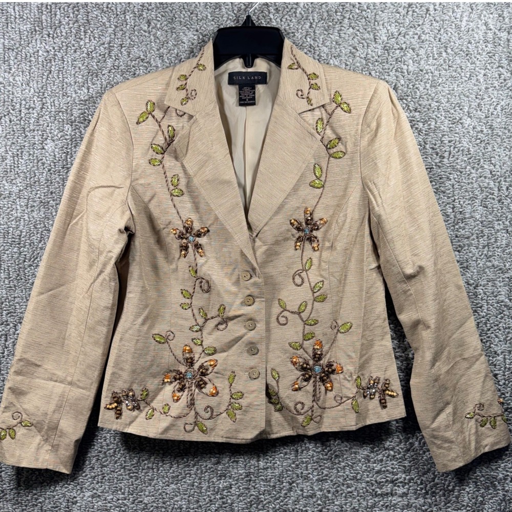 Silk‎ Land Blazer Tan Beaded Floral Embroidered Silk Women Size 8